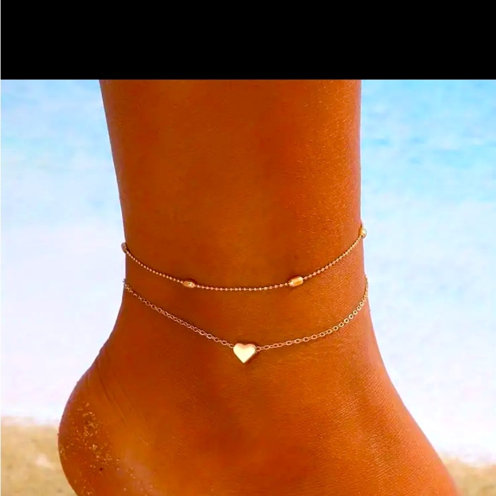 Love Heart Beads Chain Anklet Set Stackable Ankle Bracelet Summer Beach.